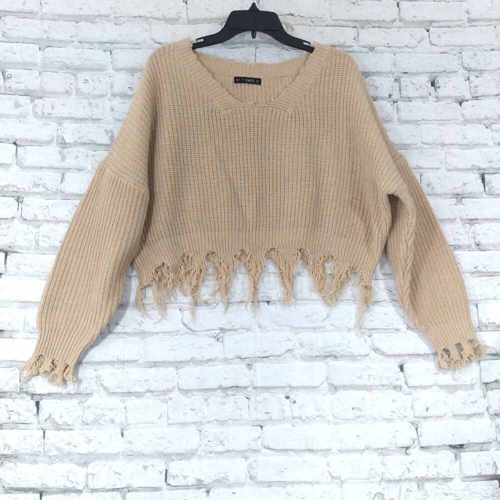 Zaful Sweater Womens One Size Beige Cropped Frayed Distressed Fringed Pullover